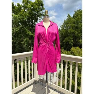 Zara Mini Shirt Dress Medium Pink Knot Front Satin Finish Barbiecore Chic Date